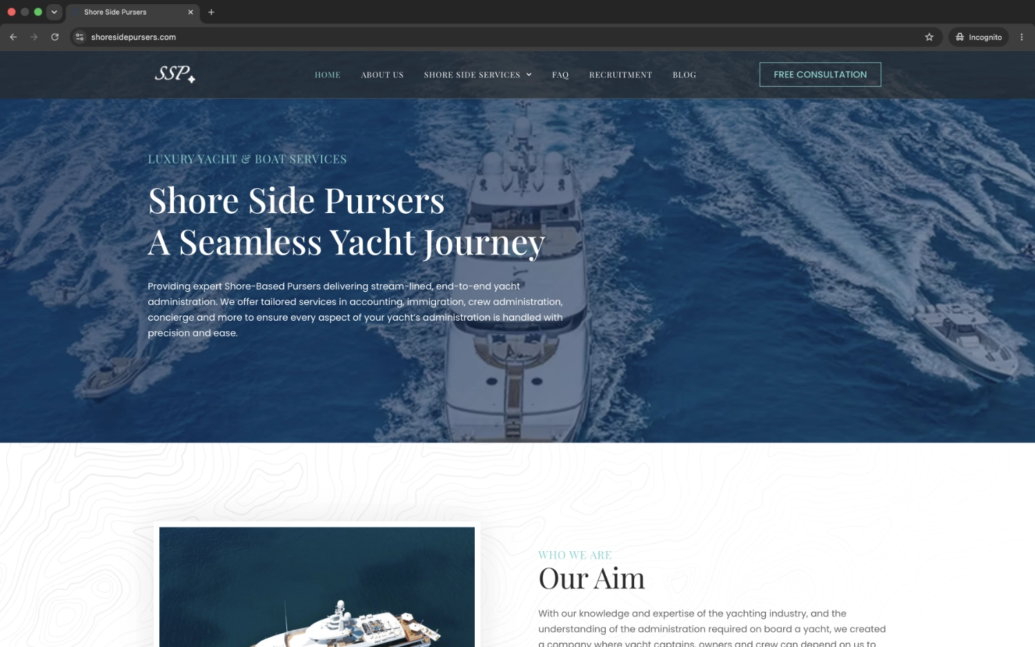 Shoreside Pursers website presenting yacht administration, concierge and logistics services, representing design and website support in Plymouth, Devon