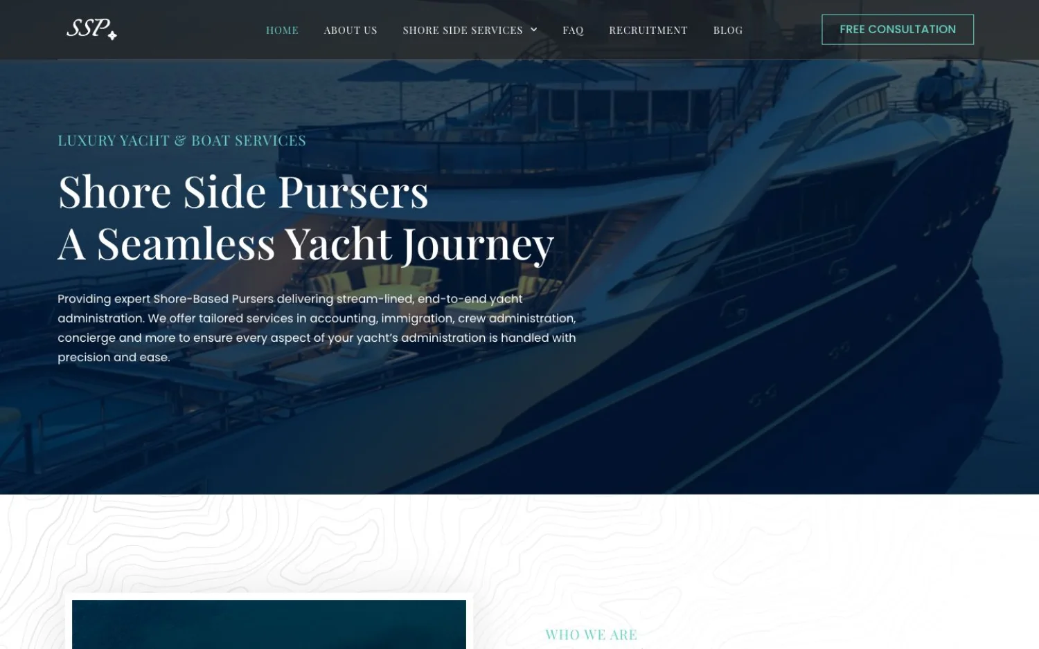 Shoreside Pursers website presenting yacht administration, concierge and logistics services, representing design and website support in Plymouth, Devon