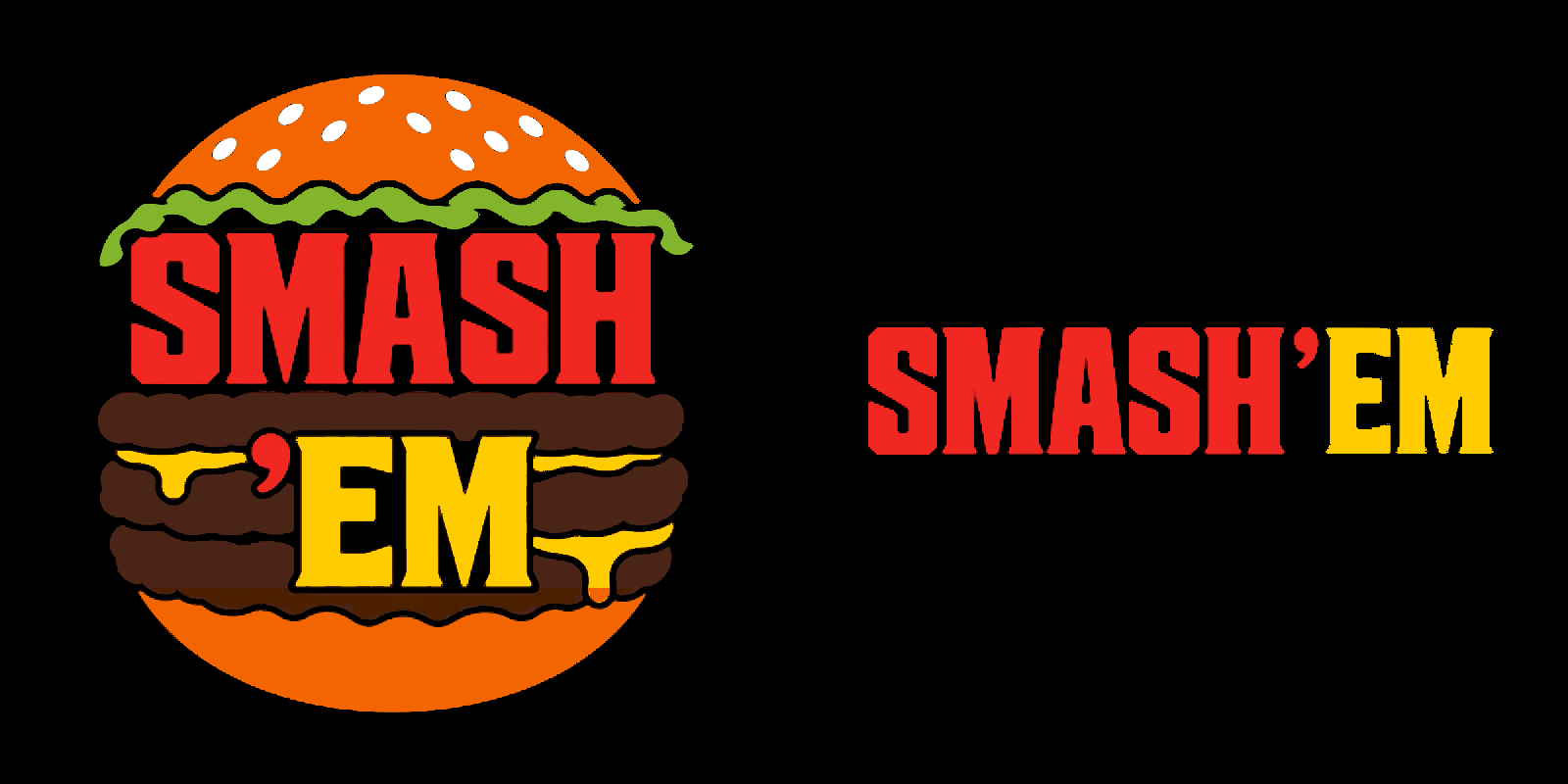 Smash ‘Em Burgers brand concept and visual direction showing a burger-shaped primary mark and matching wordmark for Looe, Cornwall