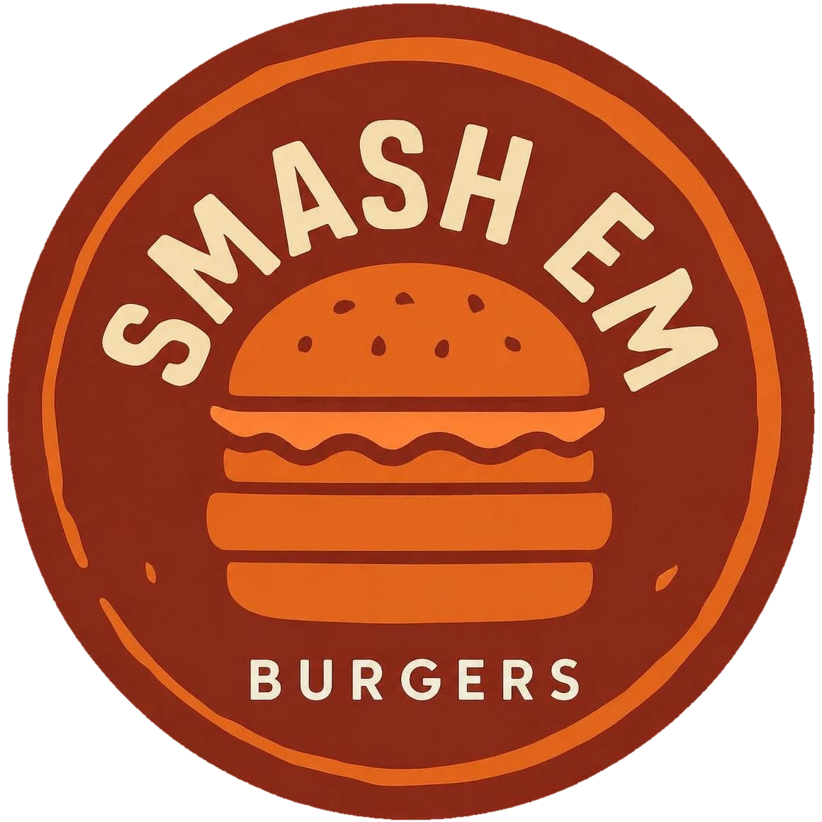 Circular Smash Em Burgers logo on a charcoal background, shown for a new website project in Looe, Cornwall