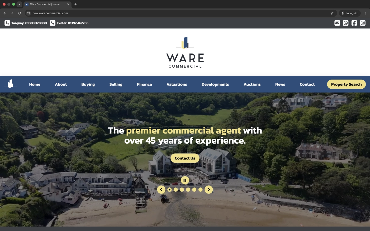 Ware Commercial homepage combining coastal property photography with commercial property search, a bespoke content-managed website for Exeter, Devon
